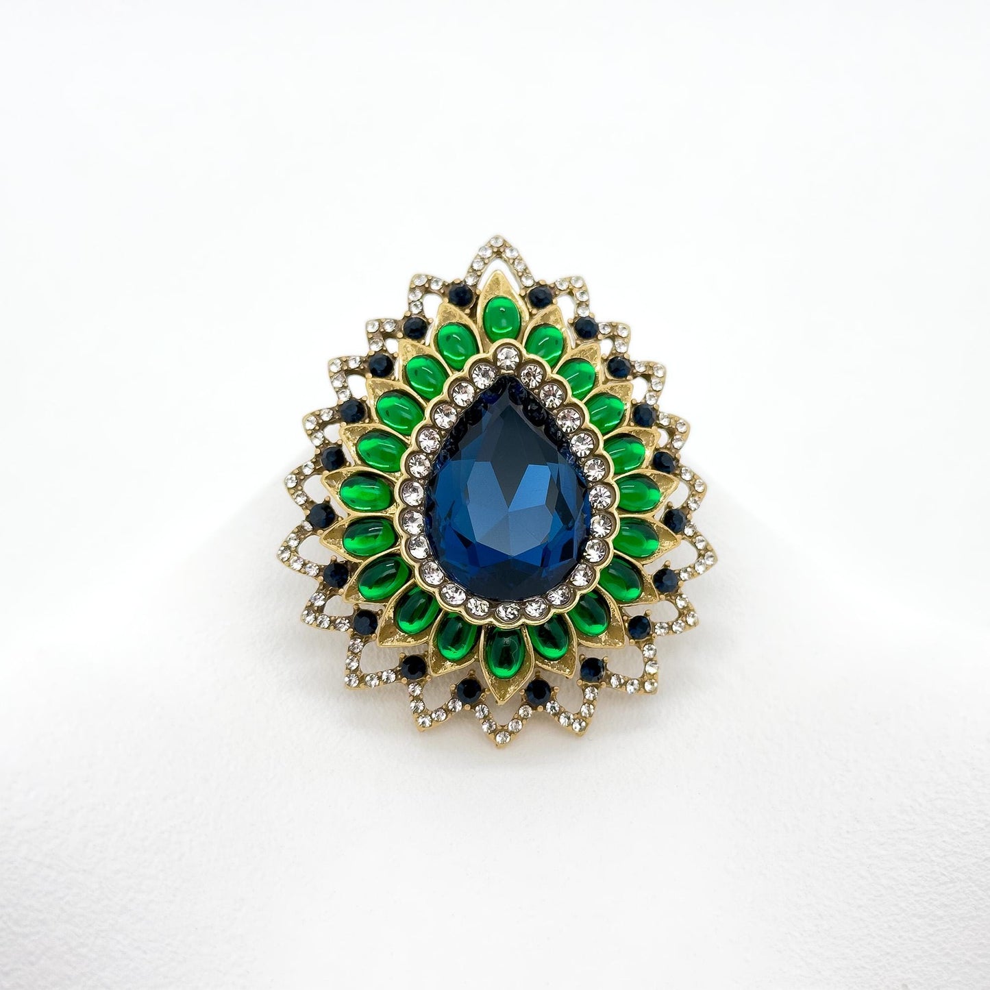 Vintage Art Deco Teardrop Brooch with 3D Flower and Rhinestones