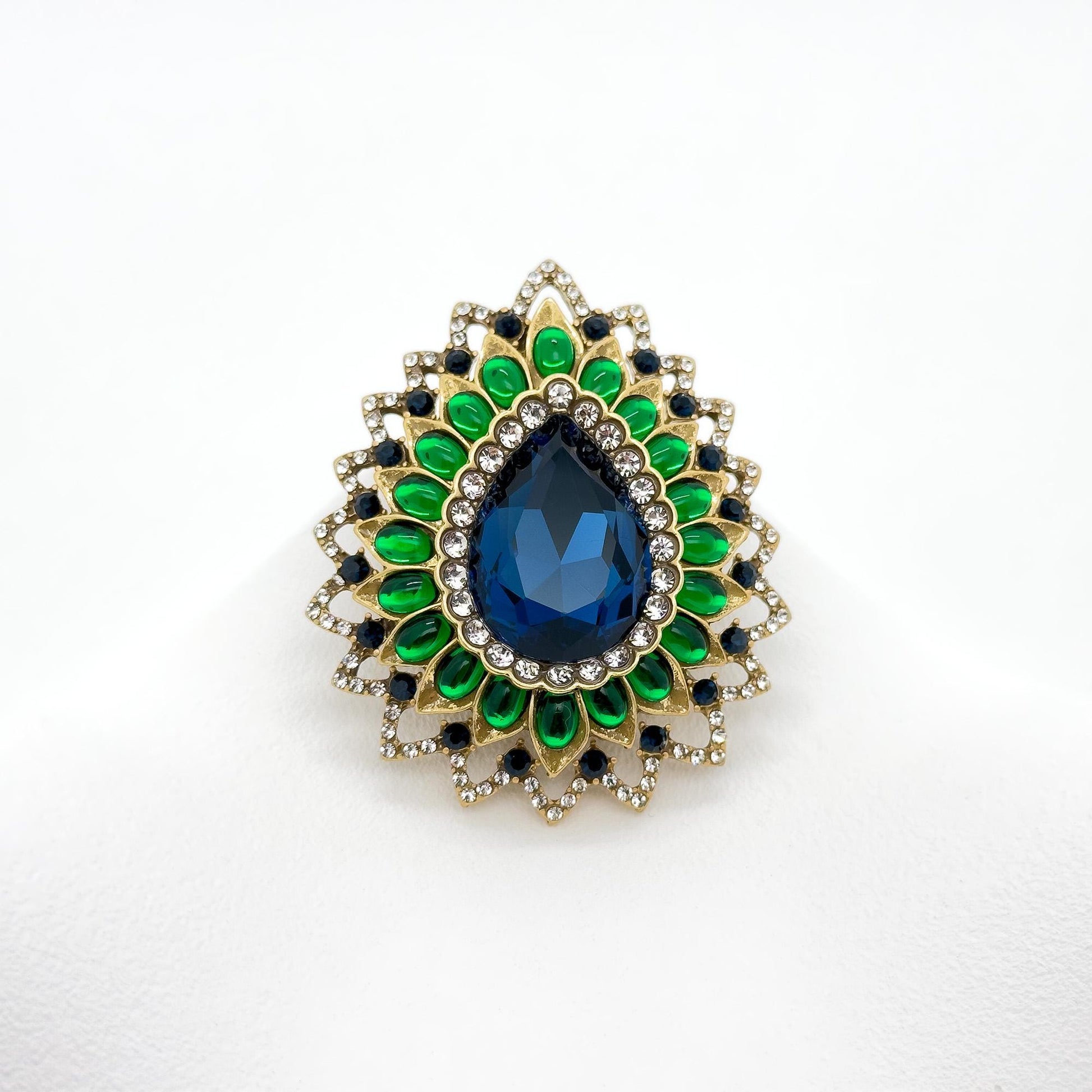 Vintage Art Deco Teardrop Brooch with 3D Flower and Rhinestones