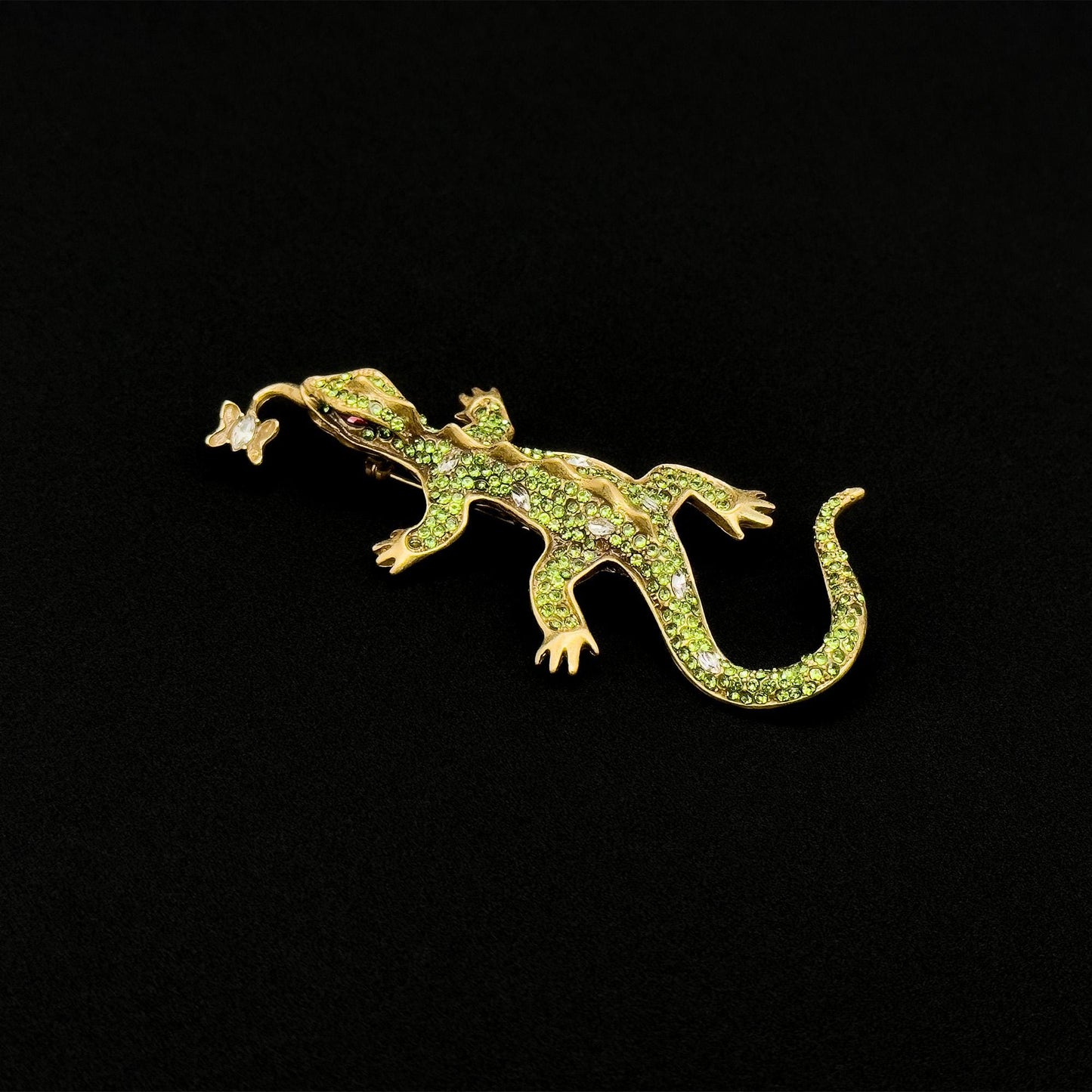 Vintage Art Deco Gecko Brooch Copper Rhinestone Glass Statement Pin