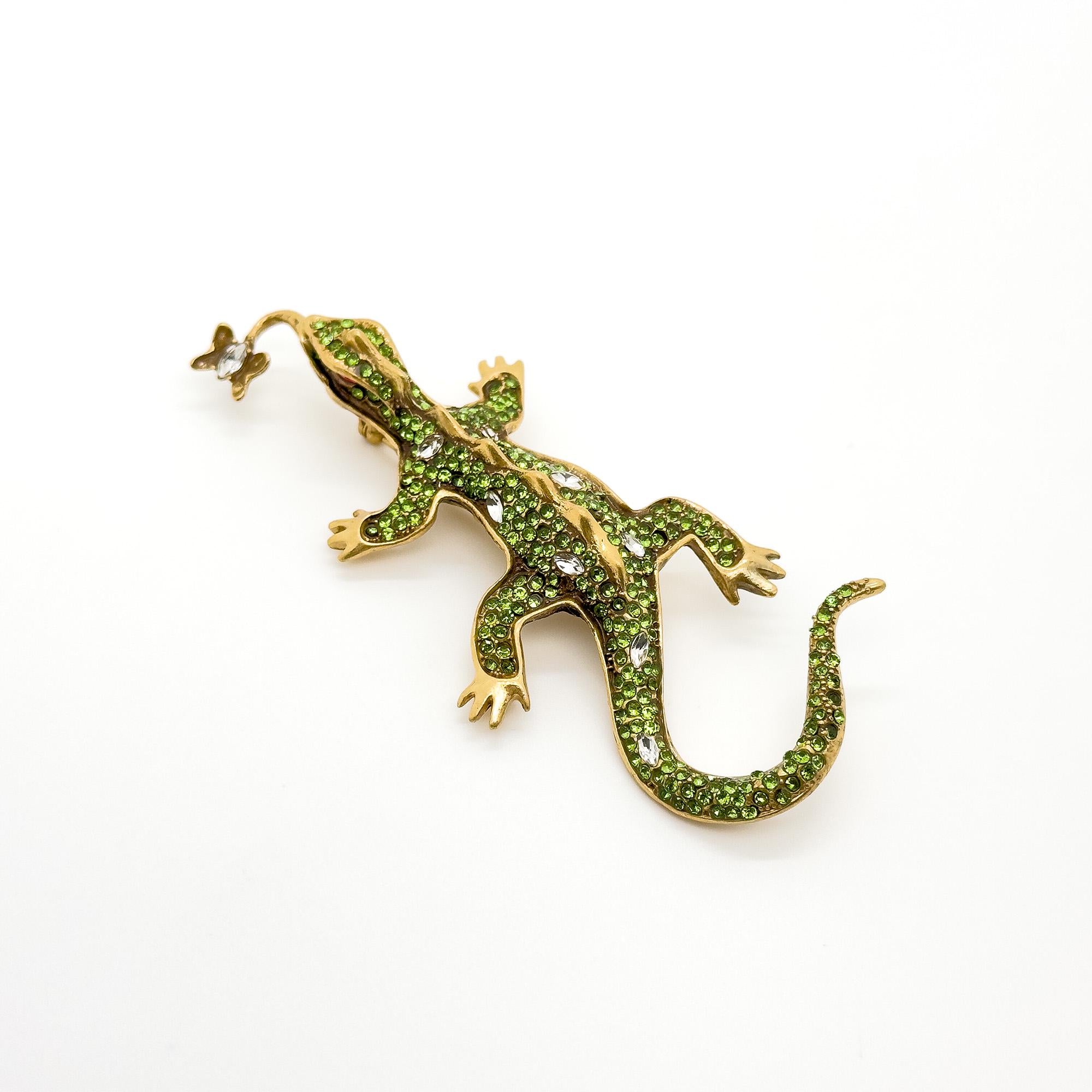 Vintage Art Deco Gecko Brooch Copper Rhinestone Glass Statement Pin