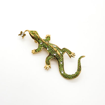 Vintage Art Deco Gecko Brooch Copper Rhinestone Glass Statement Pin