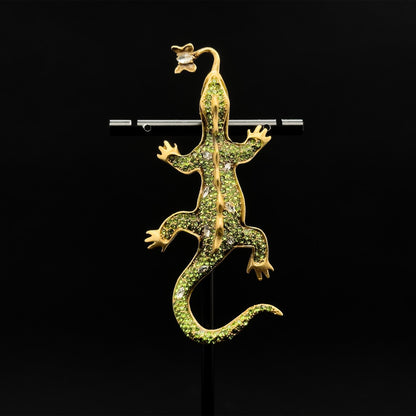 Vintage Art Deco Gecko Brooch Copper Rhinestone Glass Statement Pin