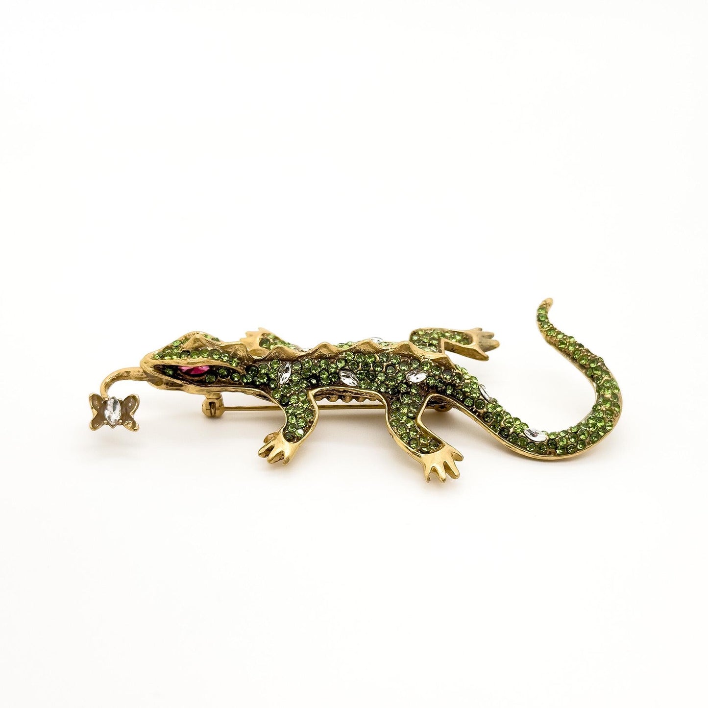 Vintage Art Deco Gecko Brooch Copper Rhinestone Glass Statement Pin