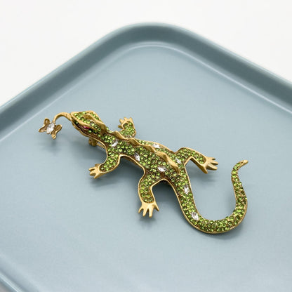 Vintage Art Deco Gecko Brooch Copper Rhinestone Glass Statement Pin