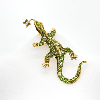 Vintage Art Deco Gecko Brooch Copper Rhinestone Glass Statement Pin