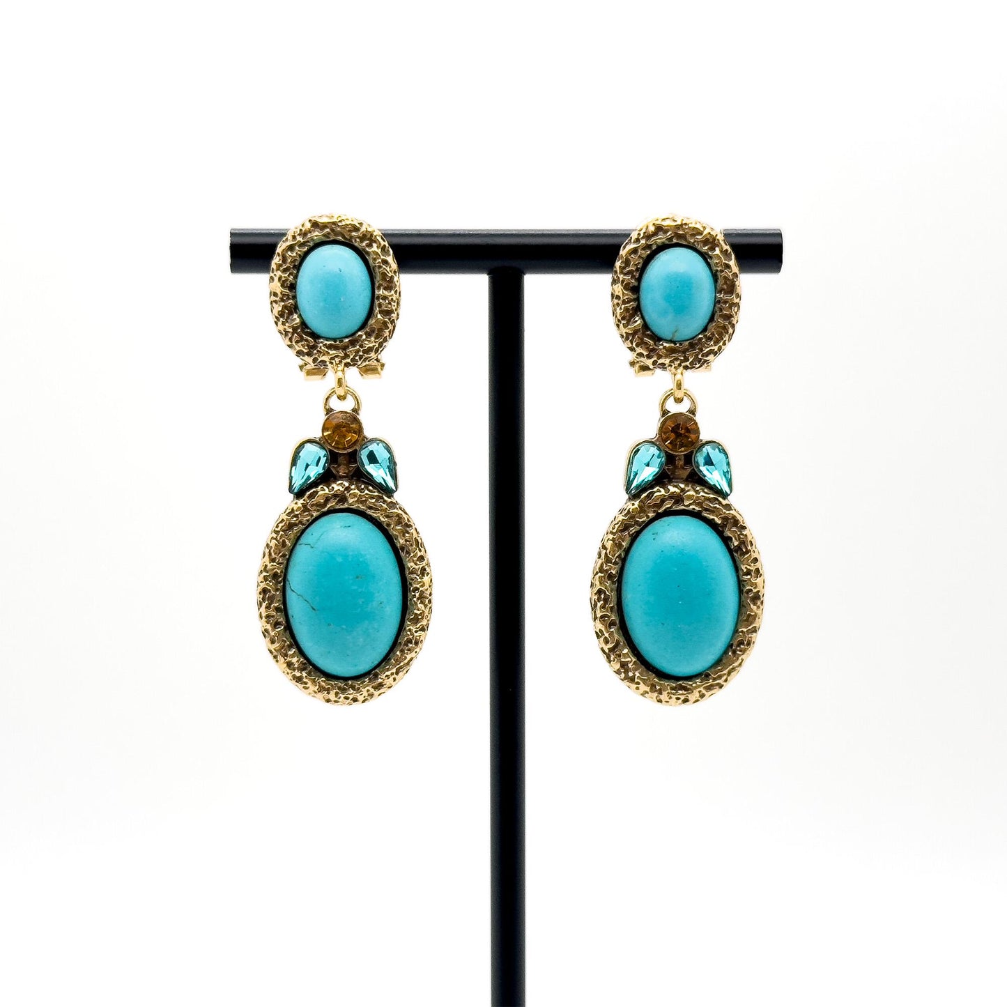 Vintage Art Deco Turquoise Drop Earrings with Rhinestone Detail