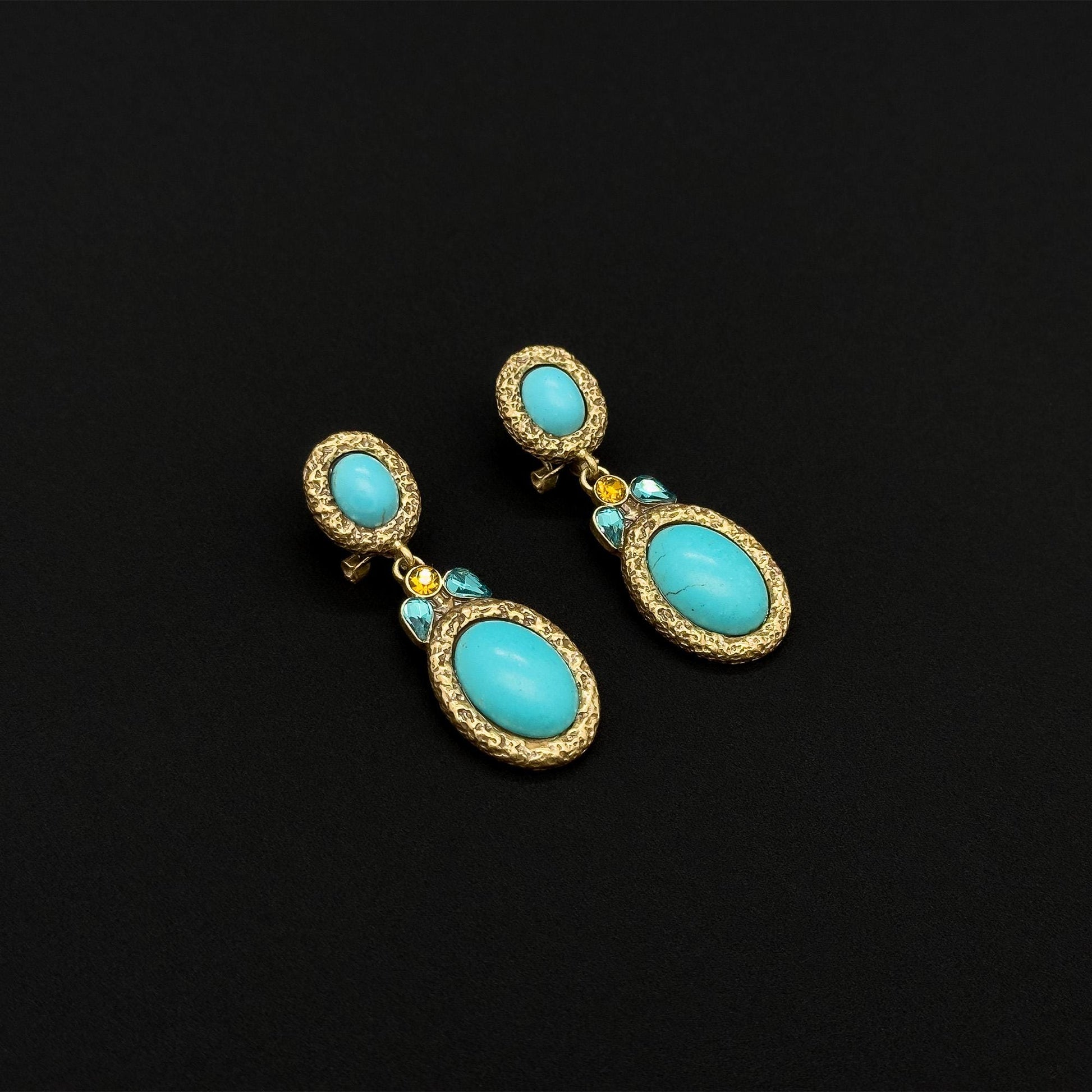 Vintage Art Deco Turquoise Drop Earrings with Rhinestone Detail