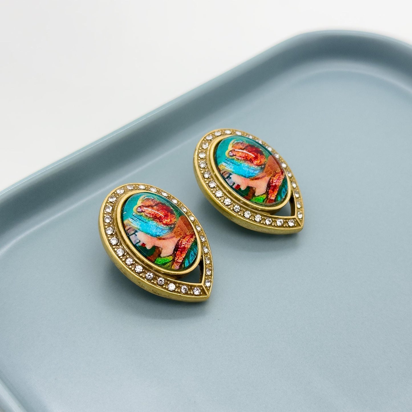 Vintage Art Deco Portrait Rhinestone Resin Copper Stud Earrings