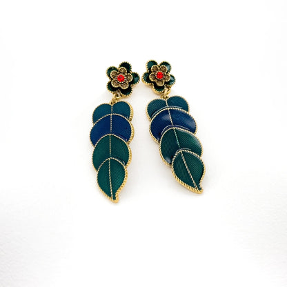 Vintage Art Deco Green Leaf Enamel Drop Earrings with Rhinestones