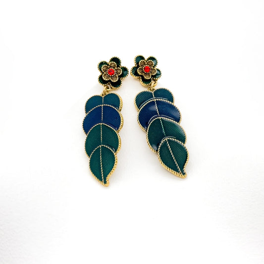 Vintage Art Deco Green Leaf Enamel Drop Earrings with Rhinestones