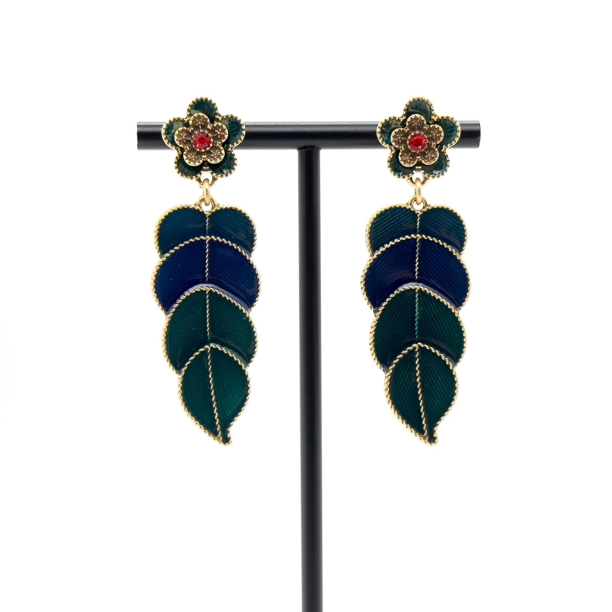 Vintage Art Deco Green Leaf Enamel Drop Earrings with Rhinestones