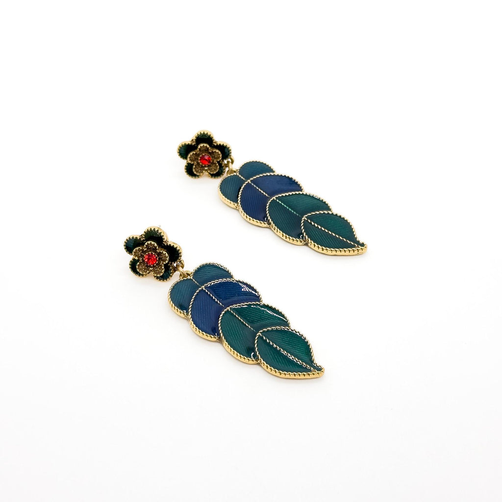 Vintage Art Deco Green Leaf Enamel Drop Earrings with Rhinestones