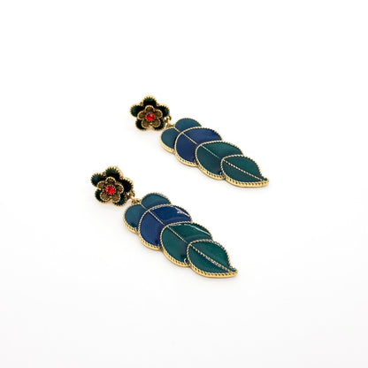Vintage Art Deco Green Leaf Enamel Drop Earrings with Rhinestones