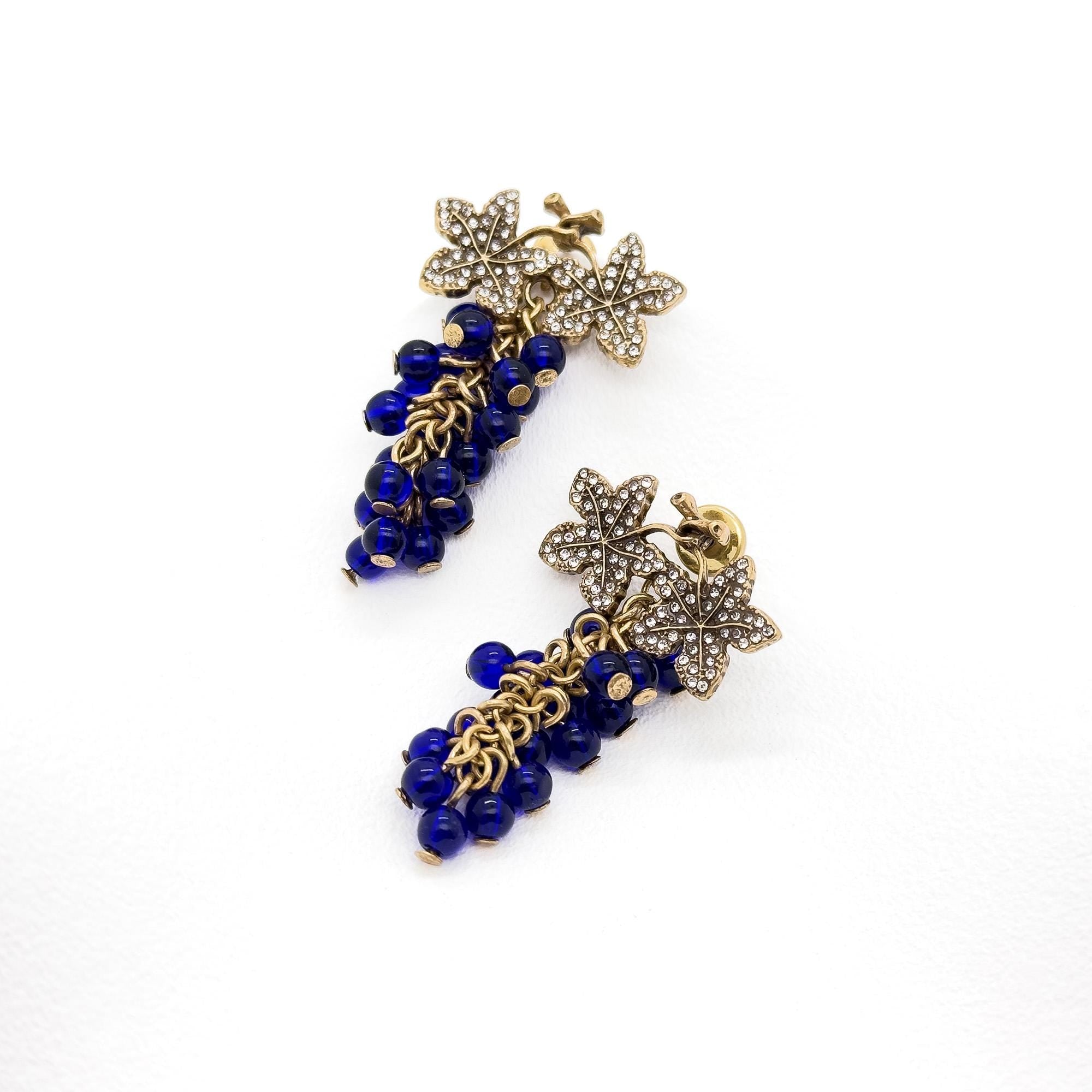 Vintage Art Deco Blue Grape Rhinestone Dangle Drop Earrings