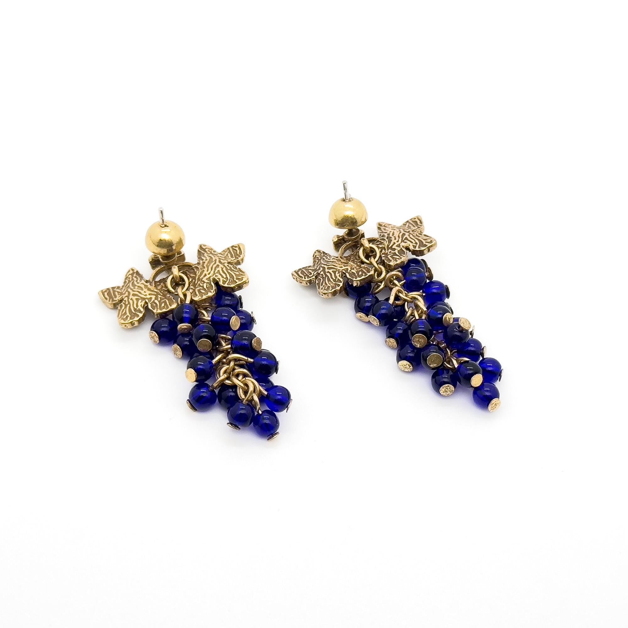 Vintage Art Deco Blue Grape Rhinestone Dangle Drop Earrings