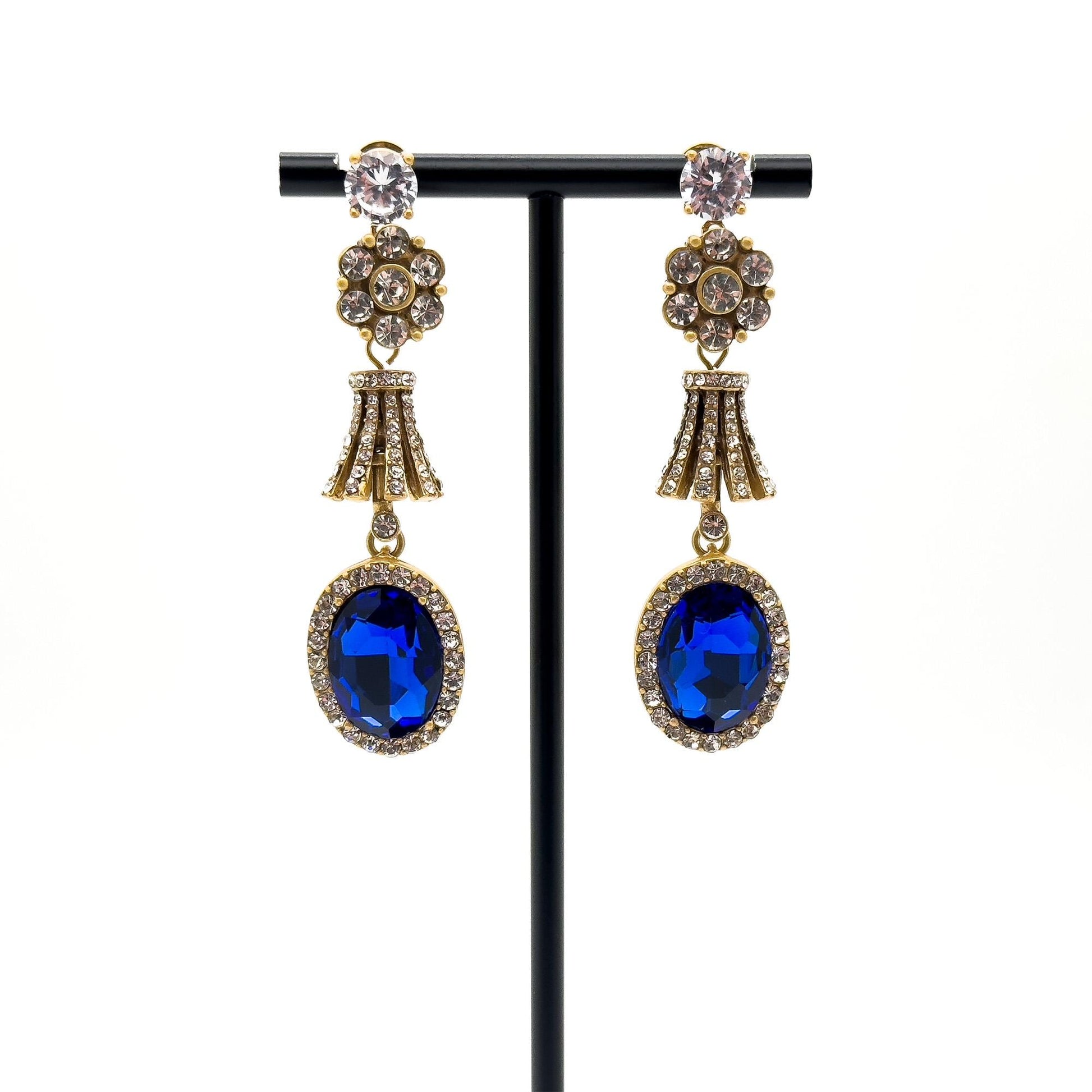 Vintage Art Deco Dangle Earrings Rhinestone Glass Copper 925 Silver