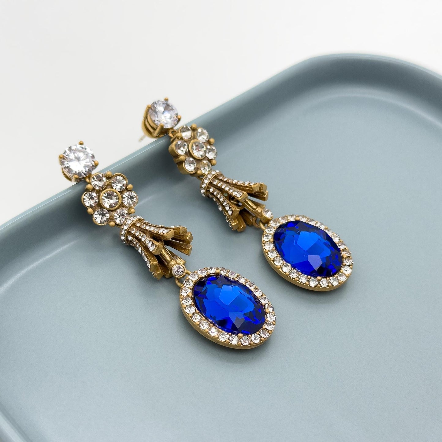 Vintage Art Deco Dangle Earrings Rhinestone Glass Copper 925 Silver