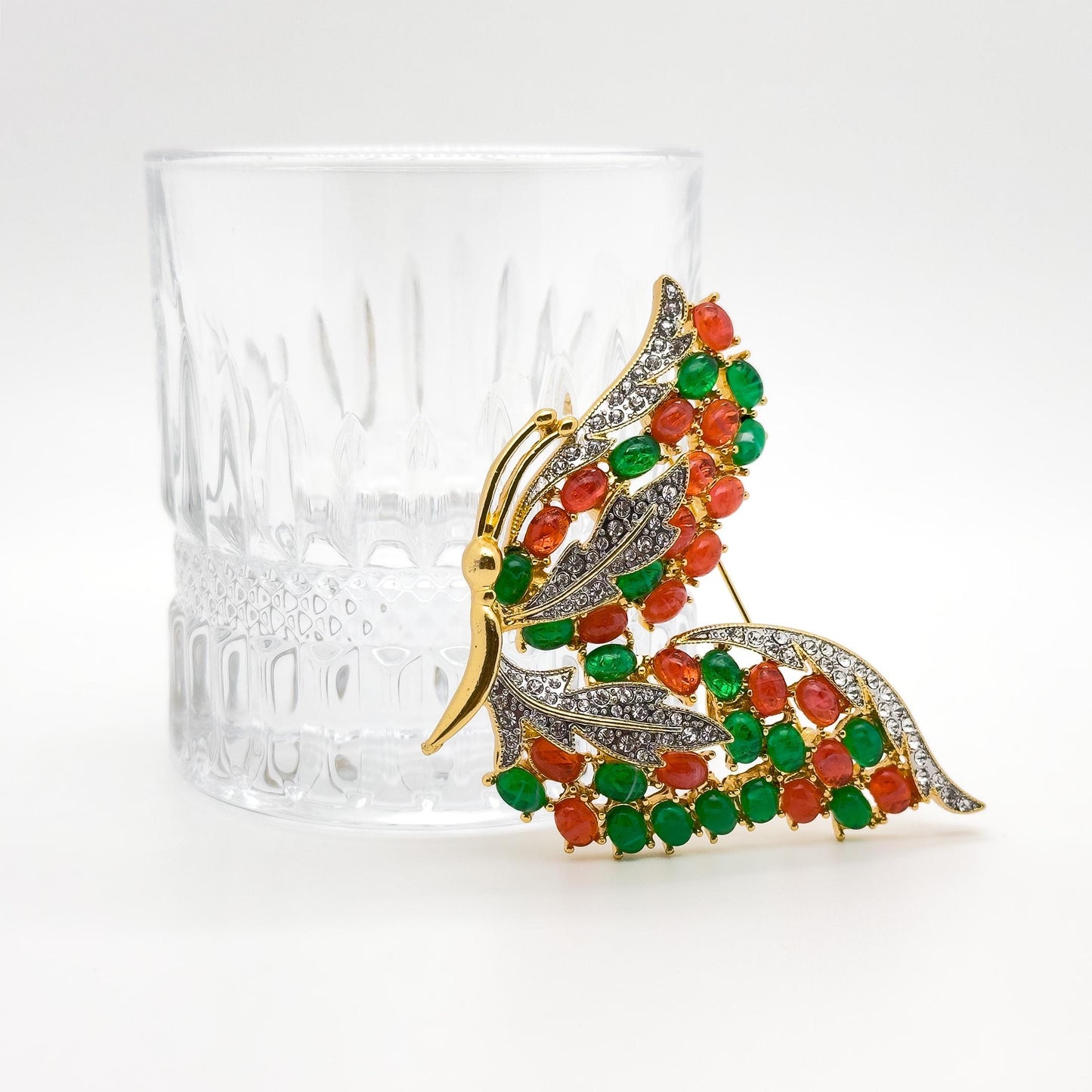 French Vintage Pink Butterfly Rhinestone Brooch Gold-Plated Resin Gift Box