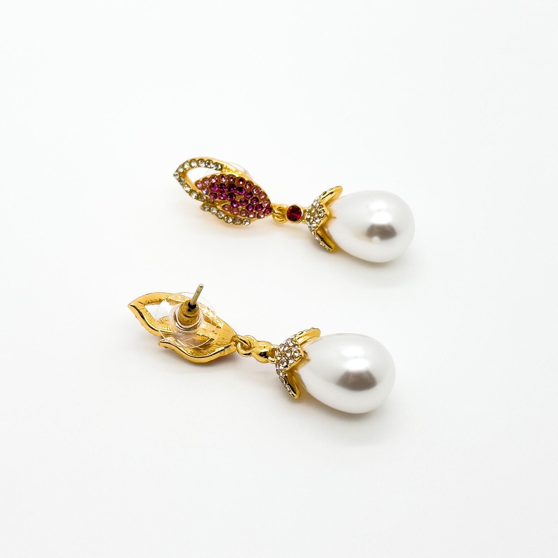 Luxury Pink Feather Teardrop Earrings with Pearls and Rhinestones