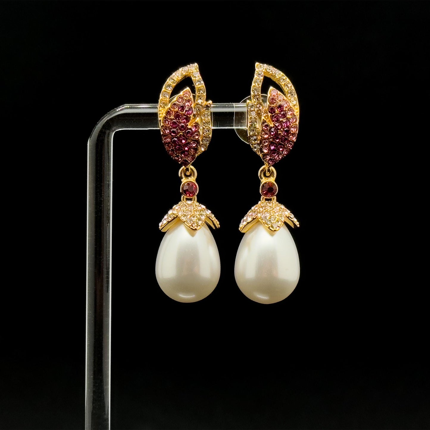 Luxury Pink Feather Teardrop Earrings with Pearls and Rhinestones
