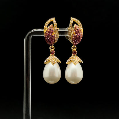 Luxury Pink Feather Teardrop Earrings with Pearls and Rhinestones