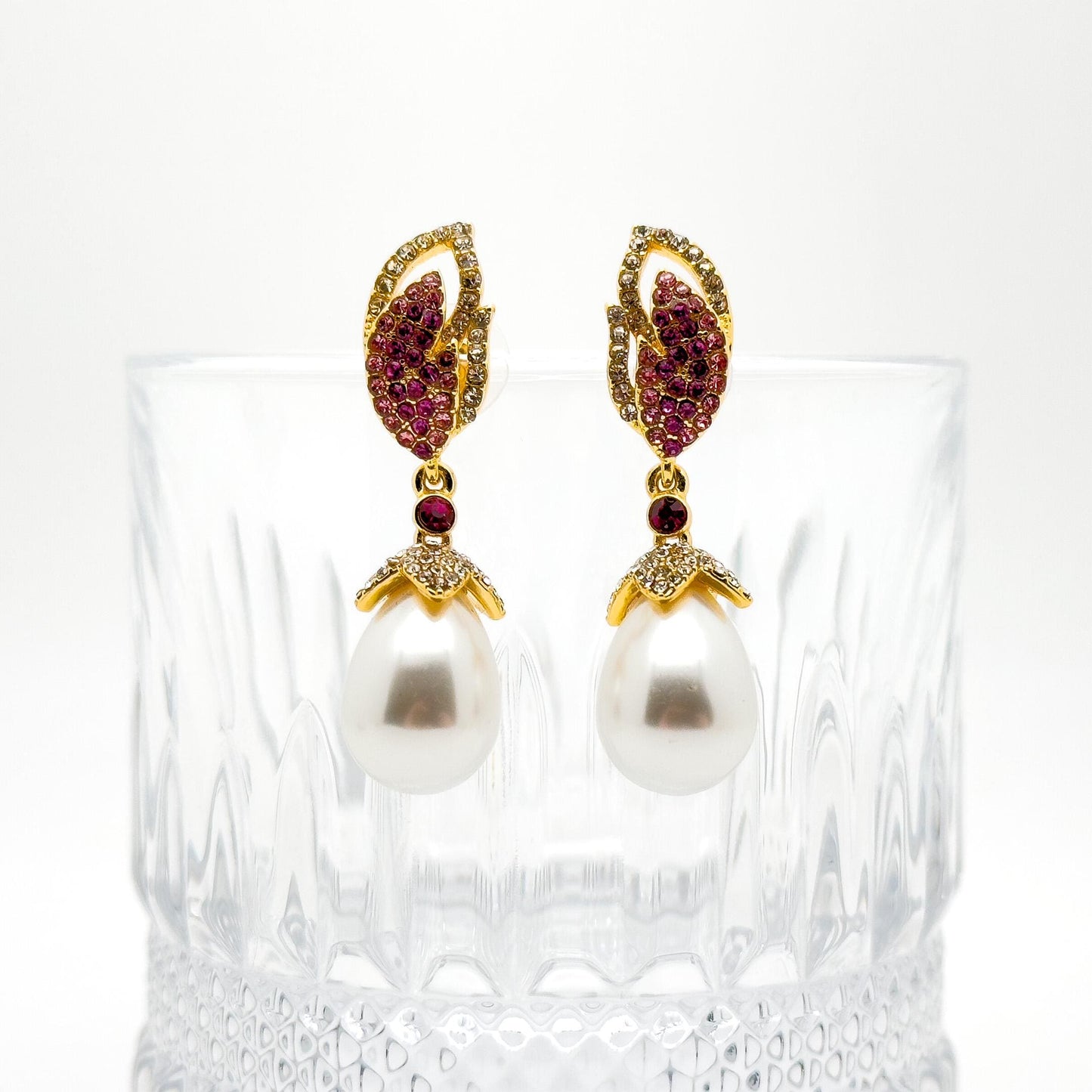 Luxury Pink Feather Teardrop Earrings with Pearls and Rhinestones