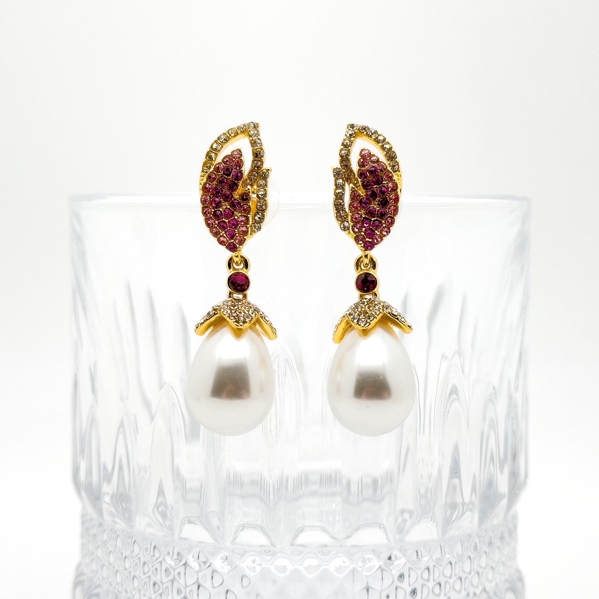 Luxury Pink Feather Teardrop Earrings with Pearls and Rhinestones