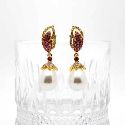 Luxury Pink Feather Teardrop Earrings with Pearls and Rhinestones