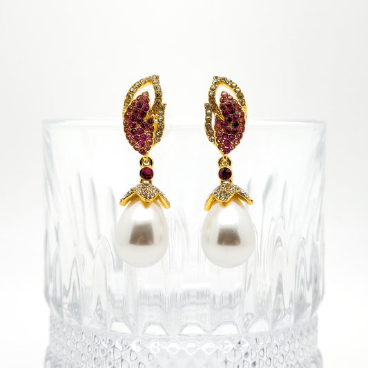 Luxury Pink Feather Teardrop Earrings with Pearls and Rhinestones