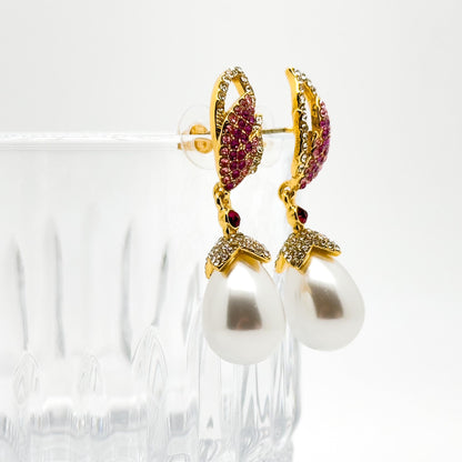 Luxury Pink Feather Teardrop Earrings with Pearls and Rhinestones
