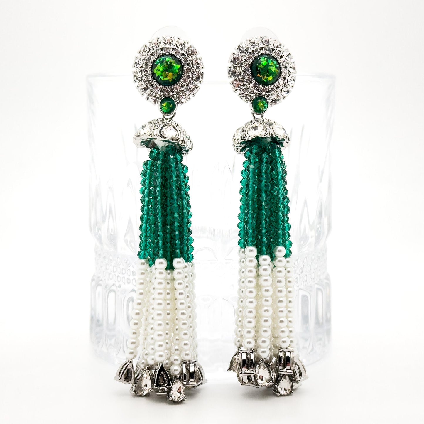 Vintage Green Bead Tassel Earrings Bohemian Long Dangle Elegant Statement