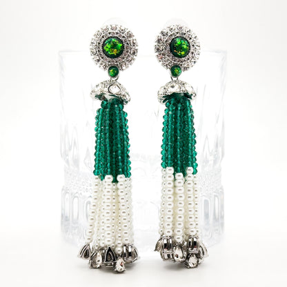 Vintage Green Bead Tassel Earrings Bohemian Long Dangle Elegant Statement