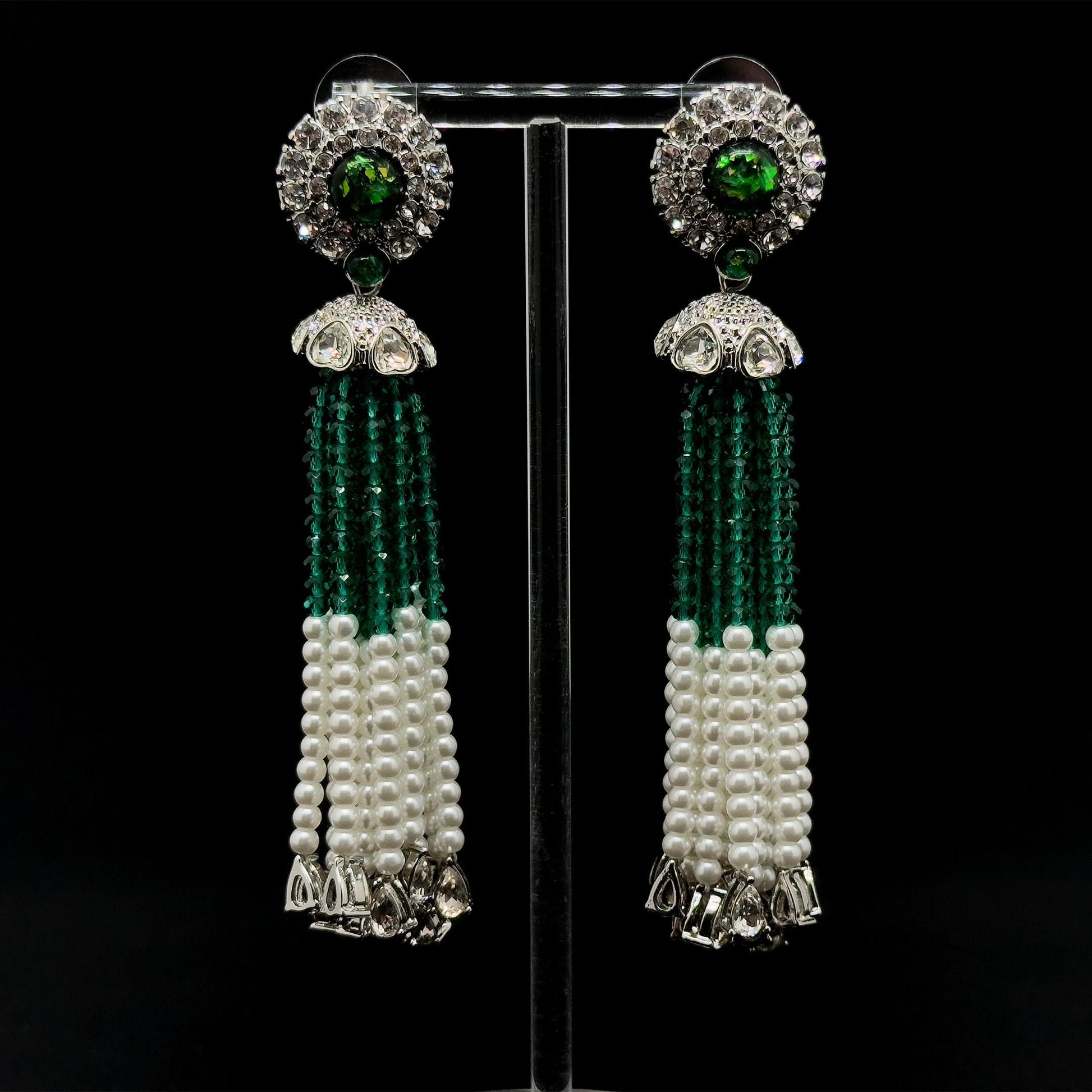 Vintage Green Bead Tassel Earrings Bohemian Long Dangle Elegant Statement