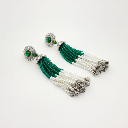 Vintage Green Bead Tassel Earrings Bohemian Long Dangle Elegant Statement