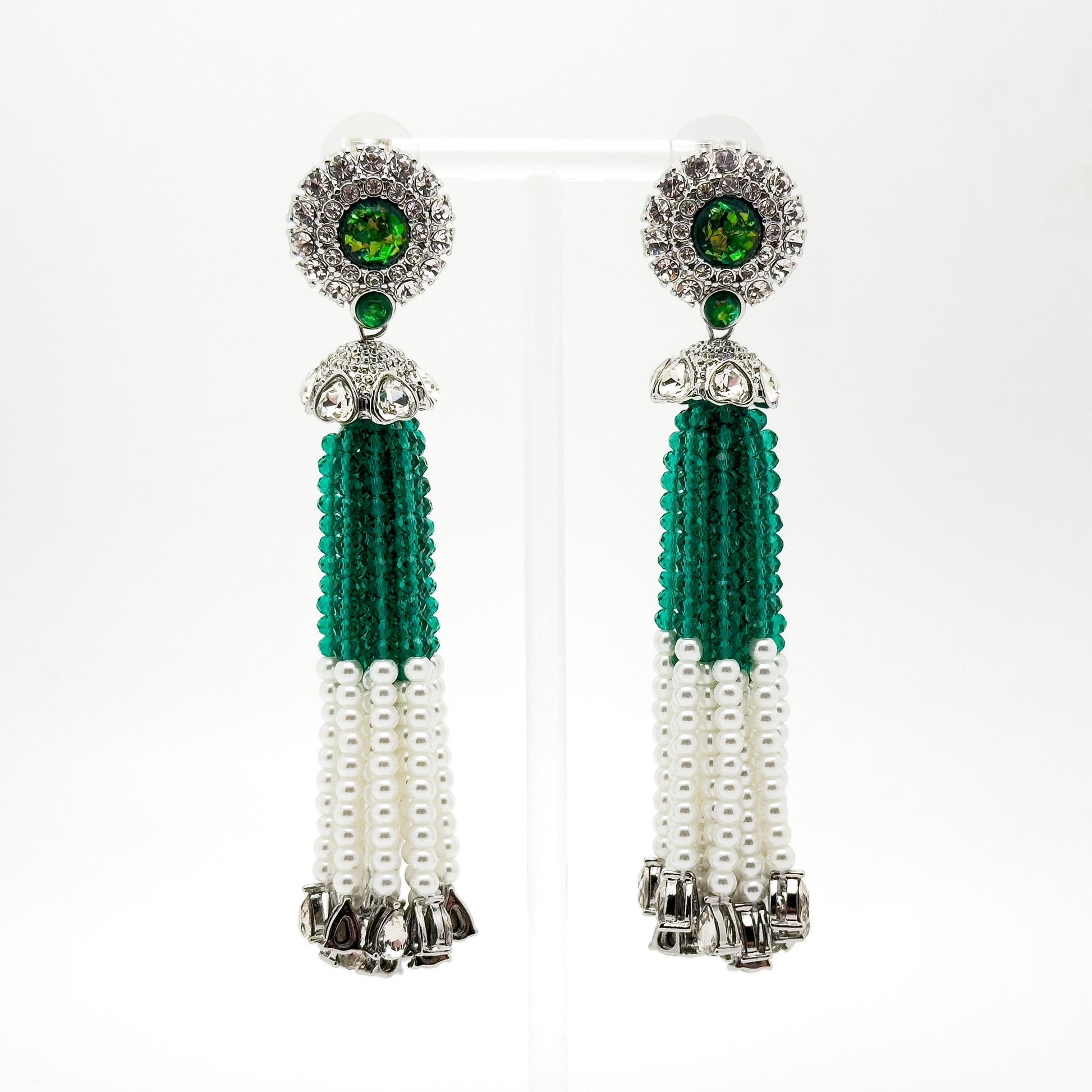 Vintage Green Bead Tassel Earrings Bohemian Long Dangle Elegant Statement