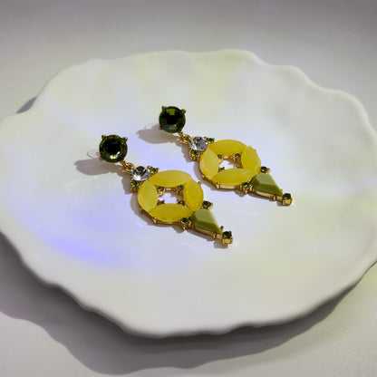 Orange Jelly Dangle Earrings with Rhinestones and Gold Plating