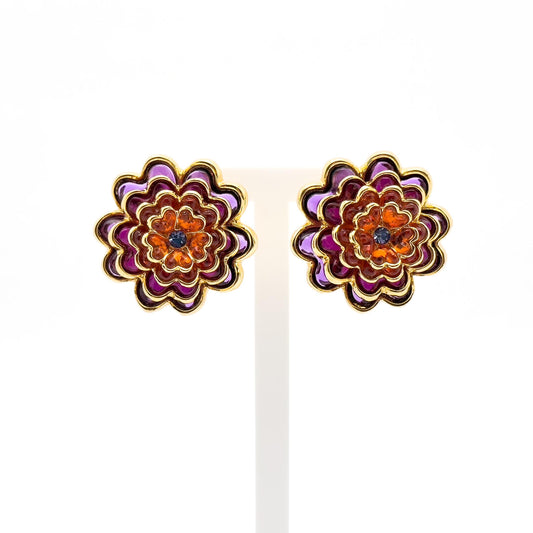 French Minimalist Multi-layer Flower Crystal Stud Earrings Gold-plated