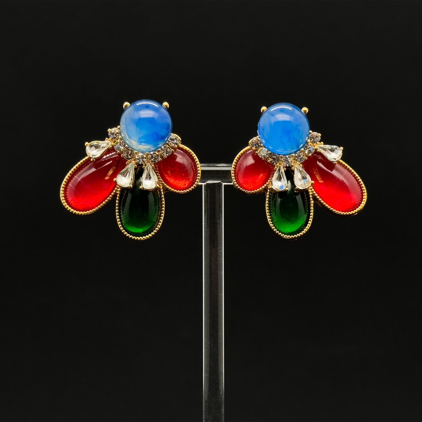 French Vintage Contrast Crystal Resin Stud Earrings Gold-Plated