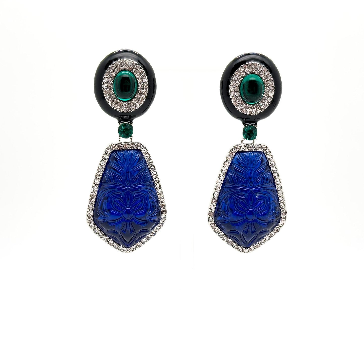 French Vintage Blue Glass Totem Statement Dangle Earrings, Art Deco