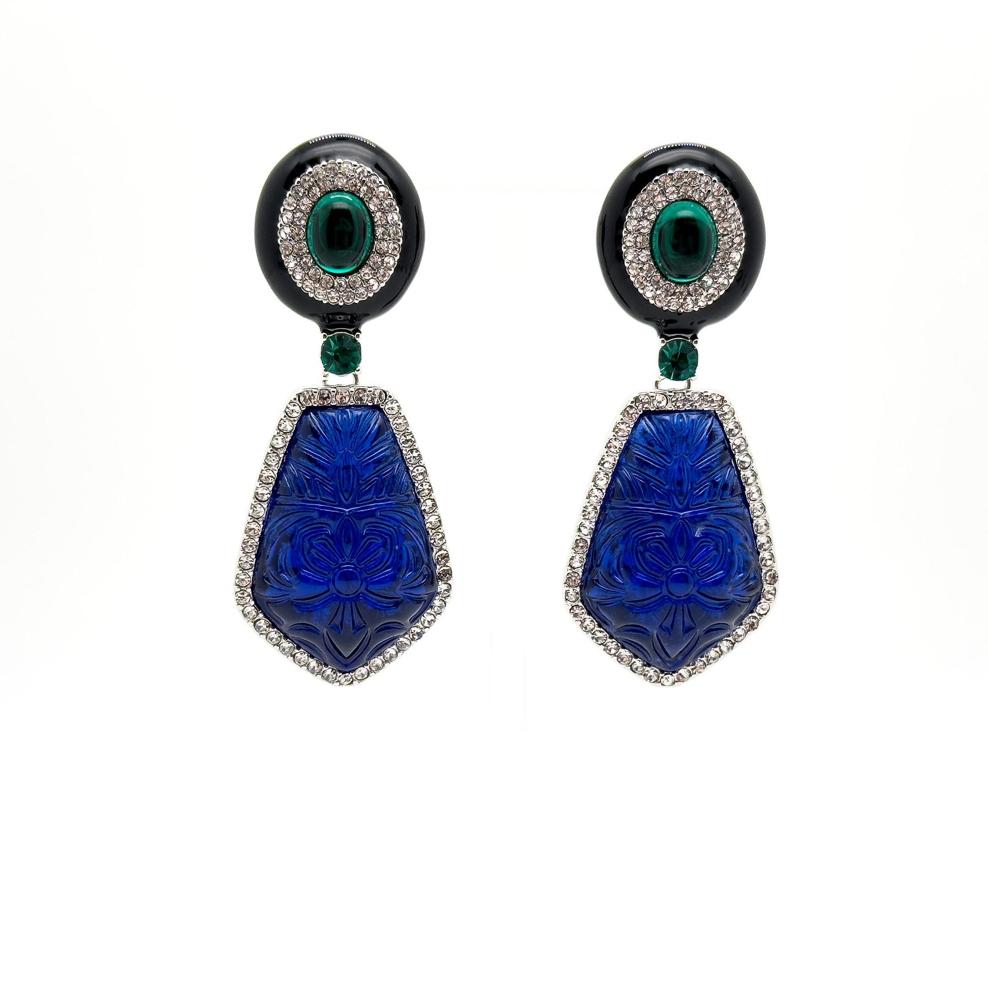 French Vintage Blue Glass Totem Statement Dangle Earrings, Art Deco