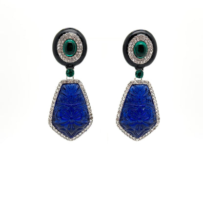 French Vintage Blue Glass Totem Statement Dangle Earrings, Art Deco