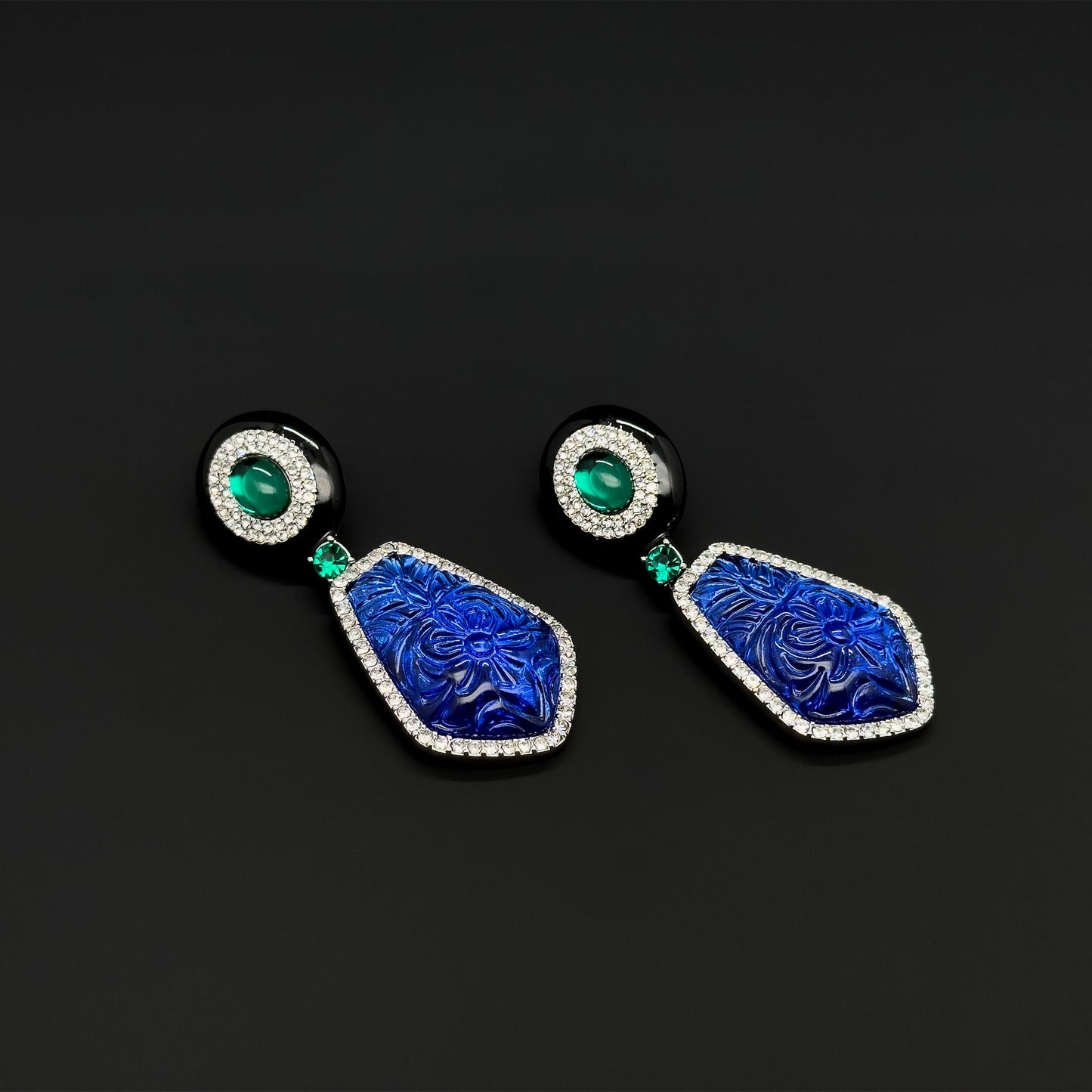 French Vintage Blue Glass Totem Statement Dangle Earrings, Art Deco