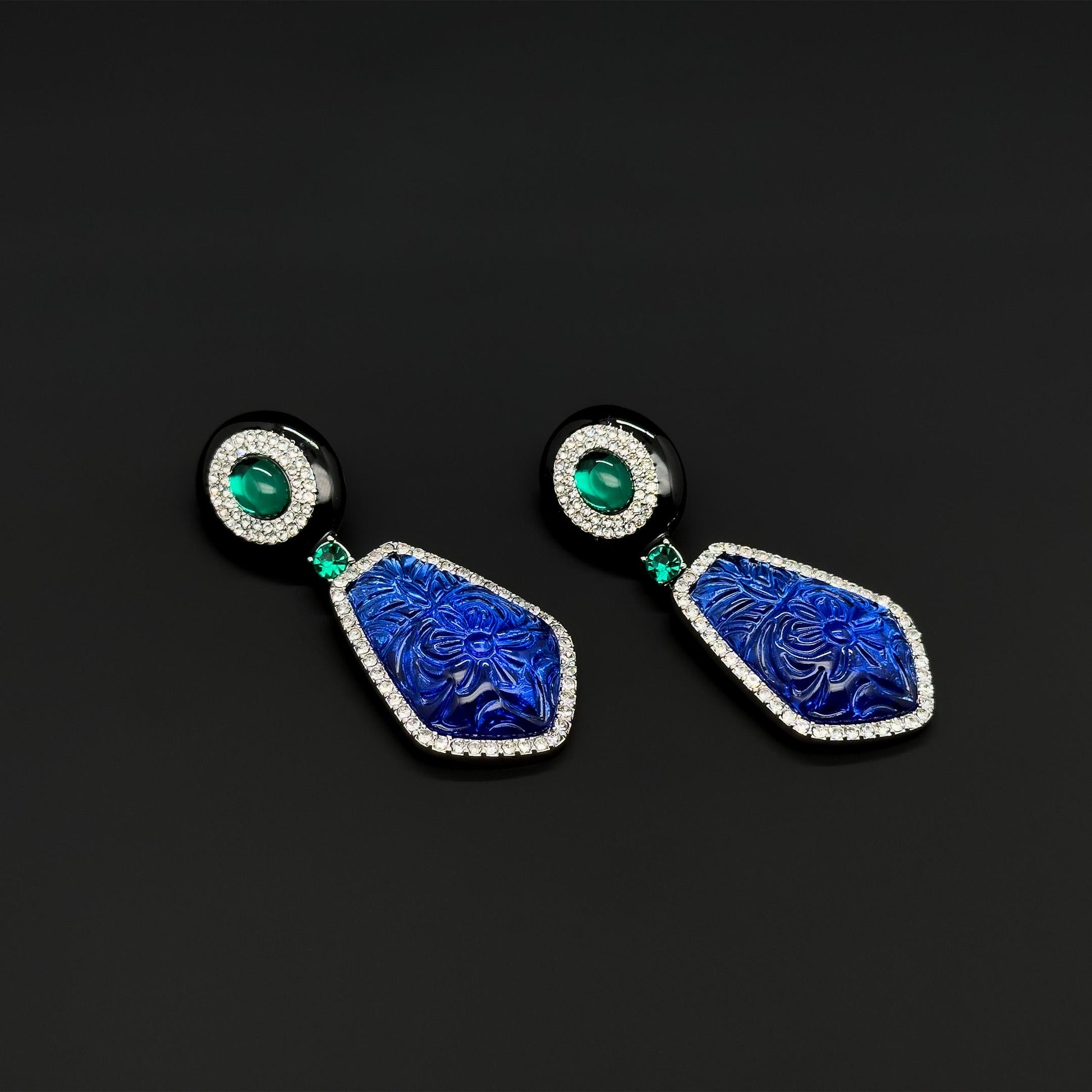 French Vintage Blue Glass Totem Statement Dangle Earrings, Art Deco