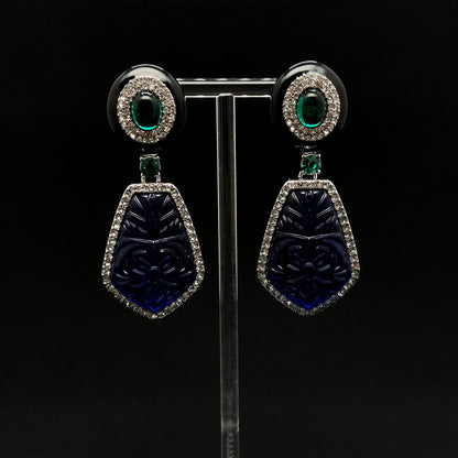 French Vintage Blue Glass Totem Statement Dangle Earrings, Art Deco