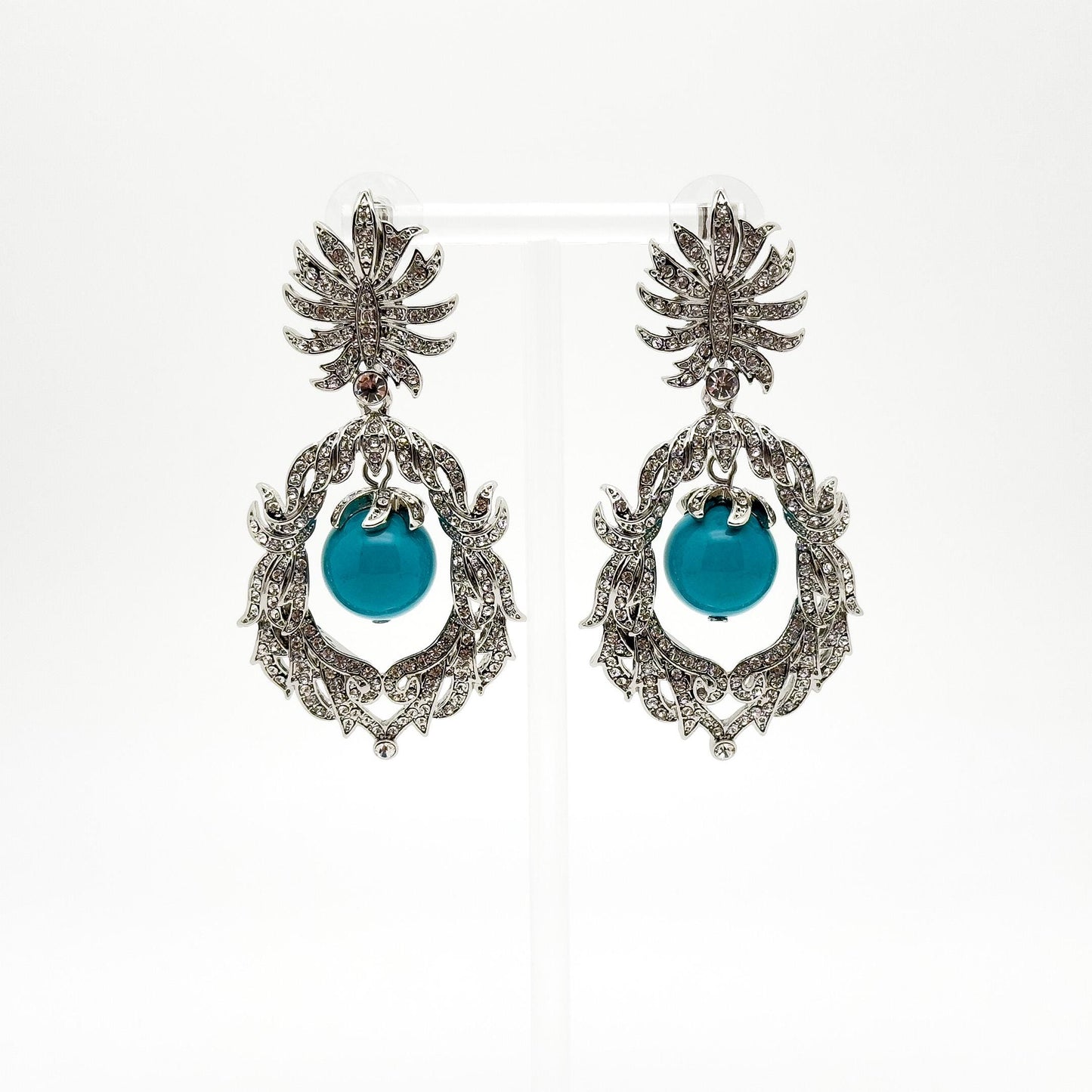Vintage Art Deco Turquoise Drop Earrings with Rhinestone Accents