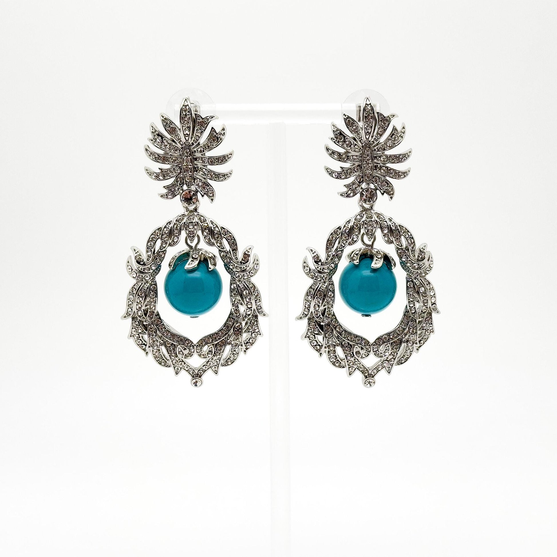 Vintage Art Deco Turquoise Drop Earrings with Rhinestone Accents
