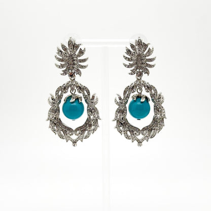 Vintage Art Deco Turquoise Drop Earrings with Rhinestone Accents