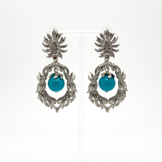 Vintage Art Deco Turquoise Drop Earrings with Rhinestone Accents