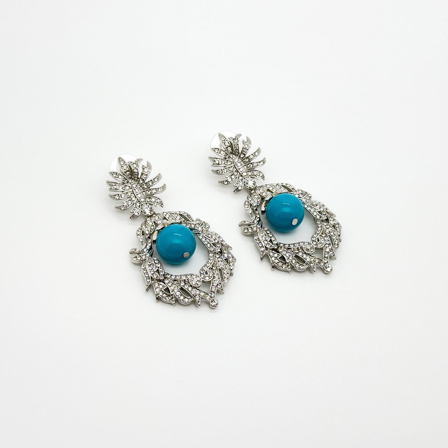 Vintage Art Deco Turquoise Drop Earrings with Rhinestone Accents