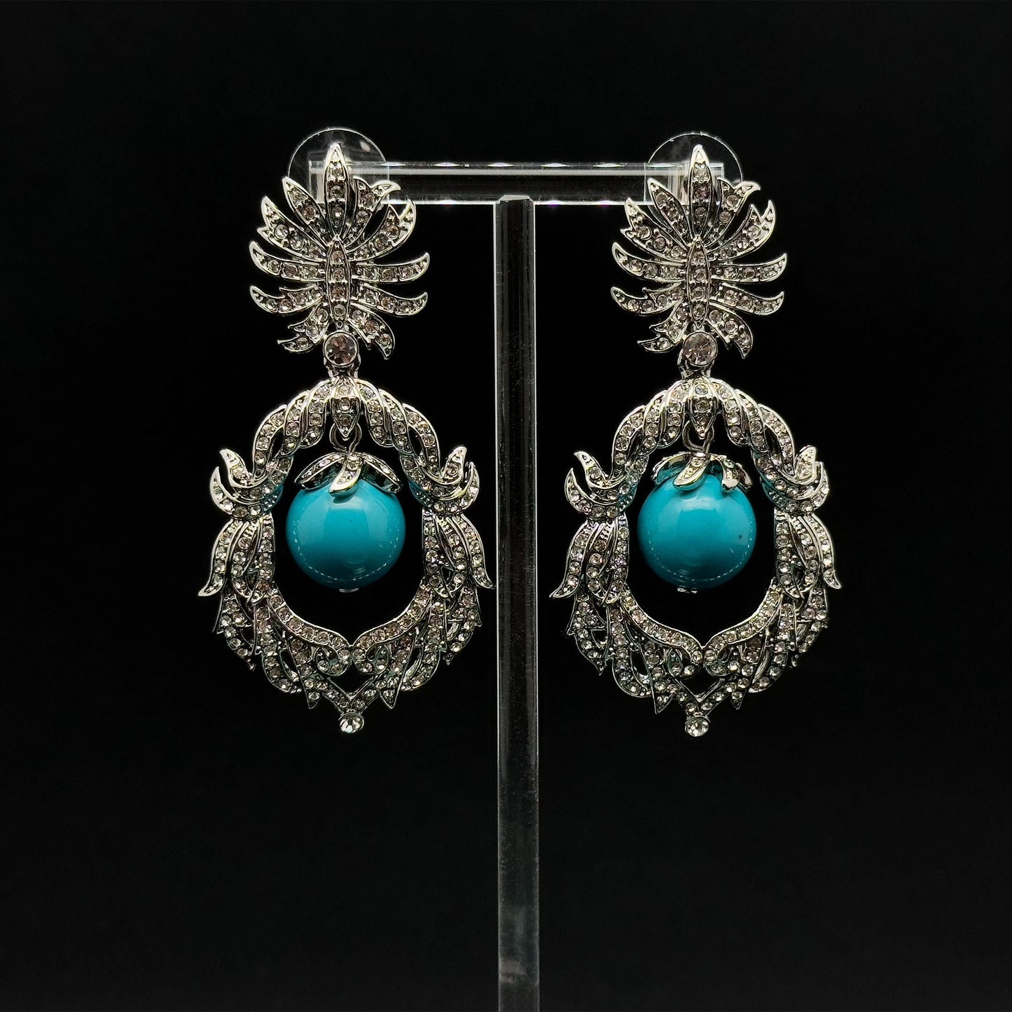 Vintage Art Deco Turquoise Drop Earrings with Rhinestone Accents